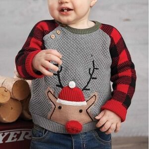 Mud Pie Kids Holiday Buffalo Plaid Knit Reindeer Ugly‎ Christmas Sweater 4T-5T